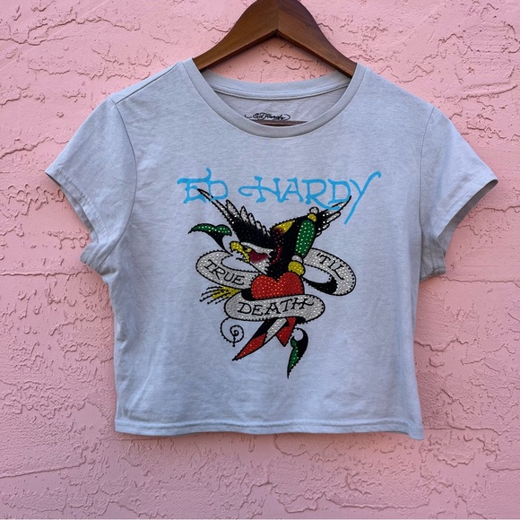 Ed Hardy Gray Cropped T-Shirt Heart Eagle Embellished Y2K Size XL - Picture 7 of 7